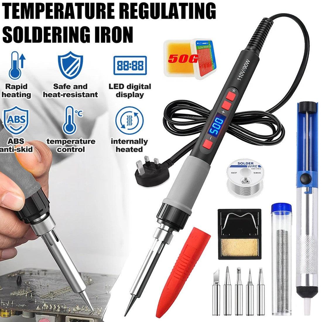 90W Soldering Iron Kit UK s regulací teploty a digitálním displejem pro efektivní pájení elektroniky.
