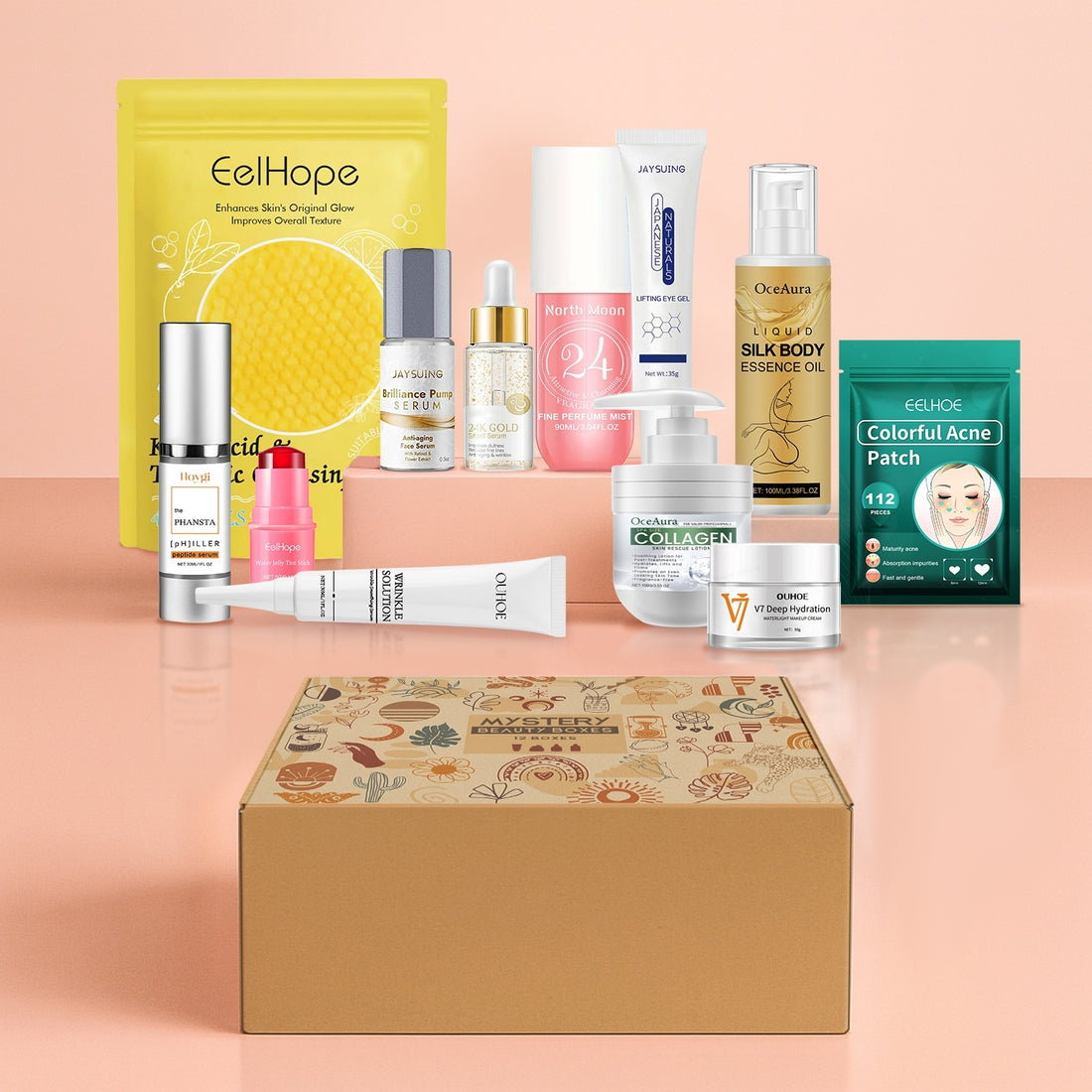 mystery beauty boxes obsahující různé kosmetické produkty a unikátní výrobky pro krásu